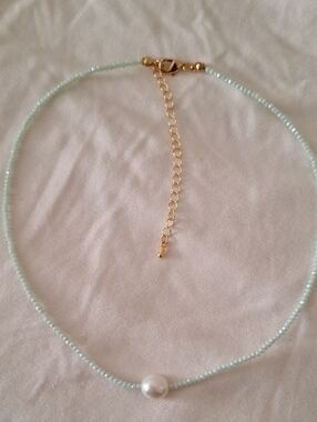 Delicate Light Blue Beaded Necklace with Fresh Water Pearl Accent